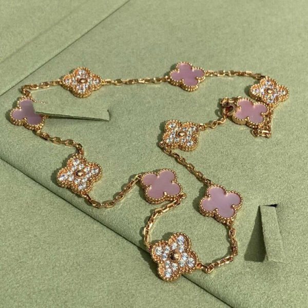 [ELANLUXE]CLOVER 10 MOTIFS DIAMOND PINK MOP NECKLACE