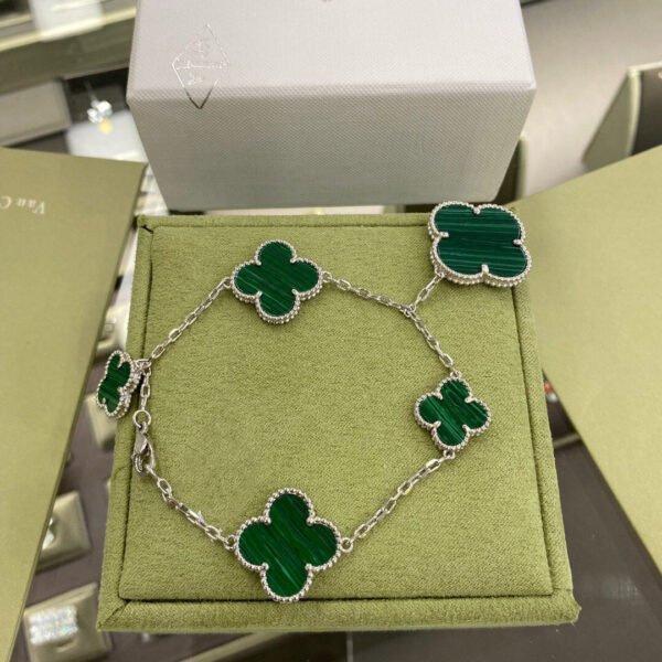 [ELANLUXE]CLOVER 5 MOTIFS SIVLER MALACHITE BRACELET