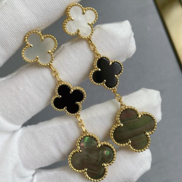 [ELANLUXE]CLOVER 3 MOTIF MOP ONYX DARK MOP PINK GOLD EARRINGS