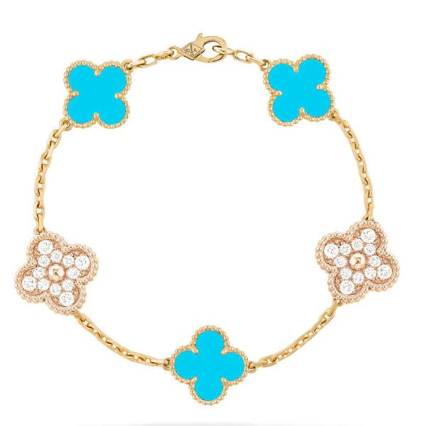 [ELANLUXE]CLOVER 5 MOTIF TURQUOISE DIAMOND GOLD BRACELET