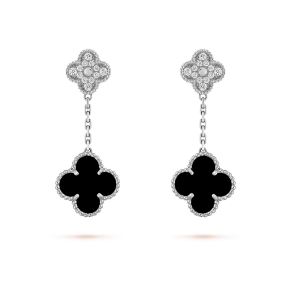 [ELANLUXE]CLOVER 2 MOTIFS  DIAMOND ONYX EARRINGS SILVER