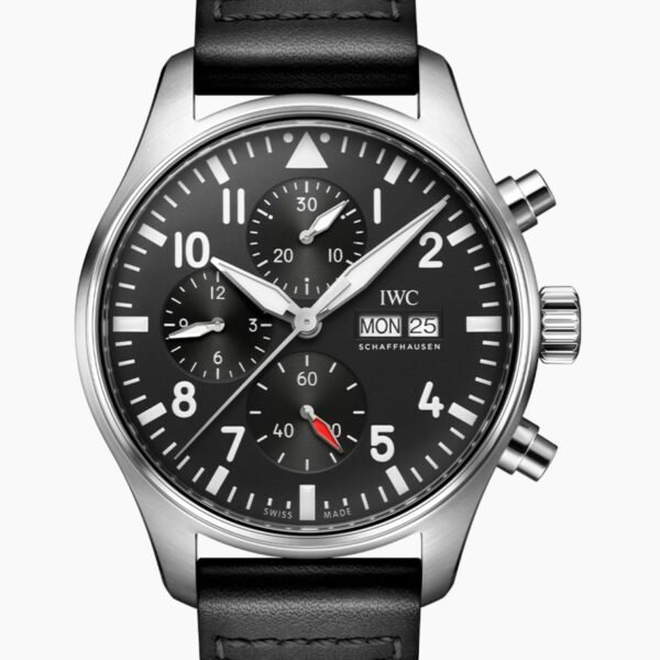 Replica Pilot’s Watch Chronograph, Ref. IW378001 (Stainless Steel Case, Black Dial, Black Leather Strap, 43mm) VK63 Quartz Movement