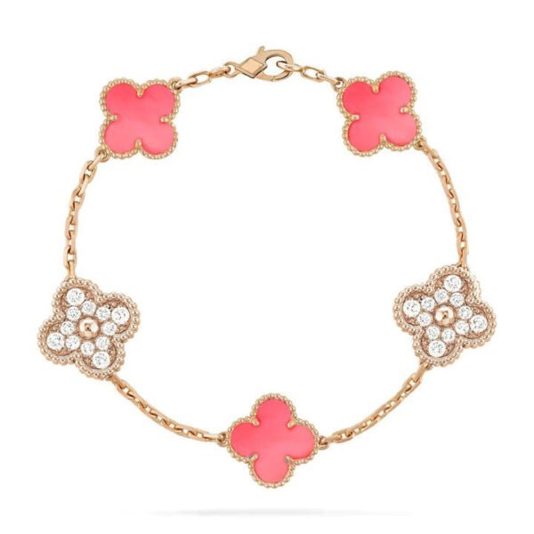 [ELANLUXE]CLOVER 5 MOTIF DIAMOND PINK MOP PINK GOLD BRACELET