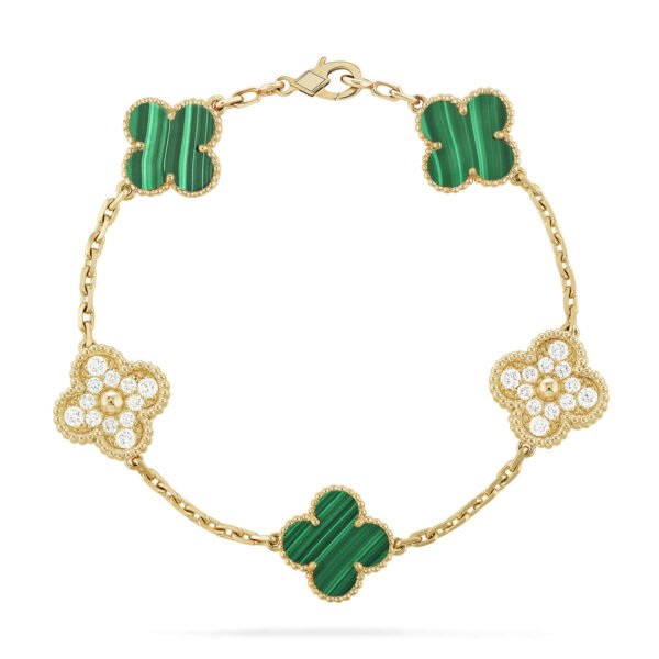 [ELANLUXE]CLOVER  5 MOTIF MALACHITE DIAMOND BRACELET
