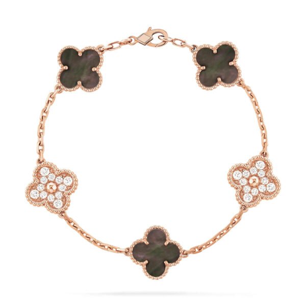 [ELANLUXE]CLOVER 5 MOTIFS DARK MOP AND DIAMONDS PINK GOLD BRACELET