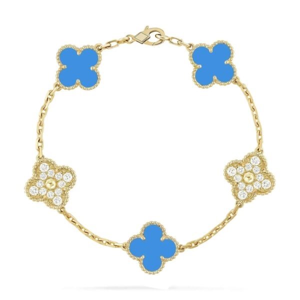 [ELANLUXE]CLOVER 5 MOTIF BLUE CHALCEDONY DIAMOND GOLD BRACELET