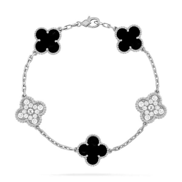 [ELANLUXE]CLOVER 5 MOTIF ONYXS DIAMOND BRACELET SILVER