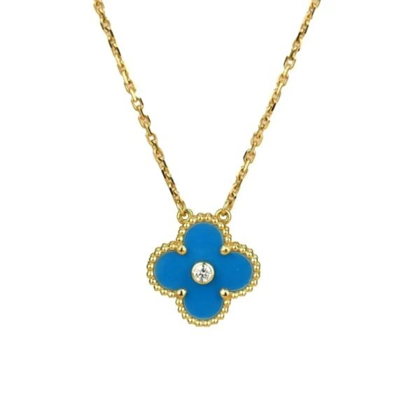 [ELANLUXE]CLOVER 15MM DIAMOND AND BLUE AGATE NECKLACE