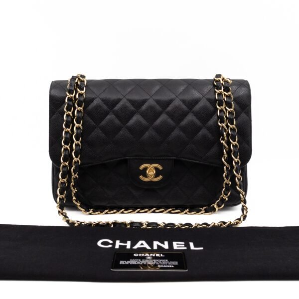 Classic Double Flap Jumbo Black Caviarskin Leather Gold