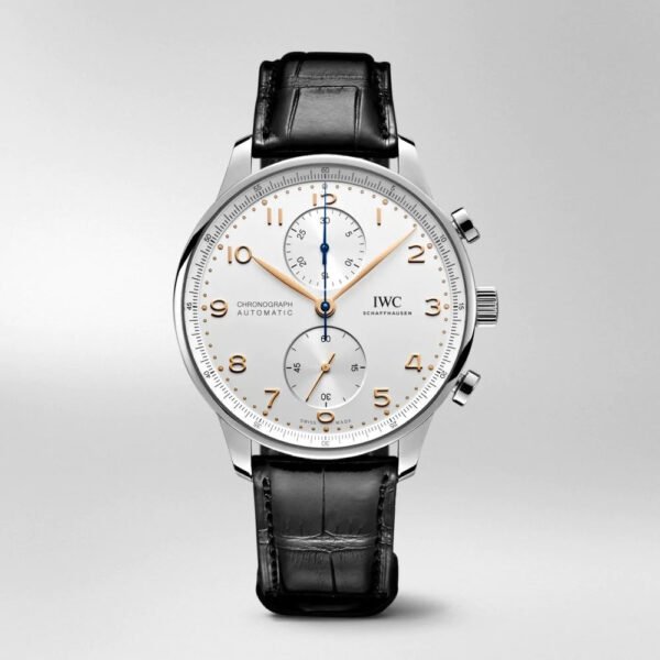 Replica Portugieser Chronograph IW371480 Rose Gold White Dial Brown Alligator Strap 40.9mm