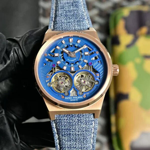 Patek Philippe Double Tourbillon Blue Skeleton Dial 44mm Watch Denim Strap