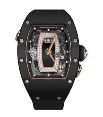 Richard Mille Rm 037 Rg Black Lip With Diamonds Black Ceramic Bezel 34.40mm 18k Rose Gold Case Black Rubber Straps Ladies Watch