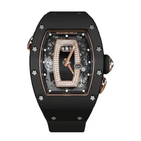 Richard Mille Rm 037 Rg Black Lip With Diamonds Black Ceramic Bezel 34.40mm 18k Rose Gold Case Black Rubber Straps Ladies Watch