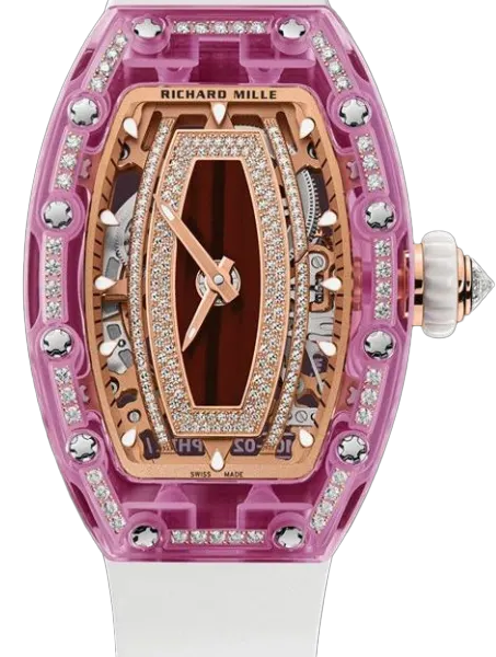 Richard Mille Rm 07-02 Pink Lady Sapphire Smokey Mother Of Pearl With Diamond-set Dial Red Gold White Rubber Straps Ladies Watch