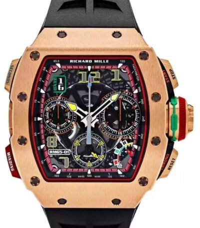 Richard Mille Rm 65-01 Ca Rg Split-seconds Chronograph Automatic Winding 44.5mm X 50mm 18k Rose Gold Black Rubber Straps Men’s Watch