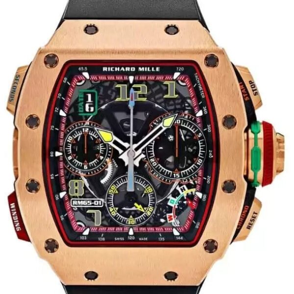 Richard Mille Rm 65-01 Ca Rg Split-seconds Chronograph Automatic Winding 44.5mm X 50mm 18k Rose Gold Black Rubber Straps Men’s Watch