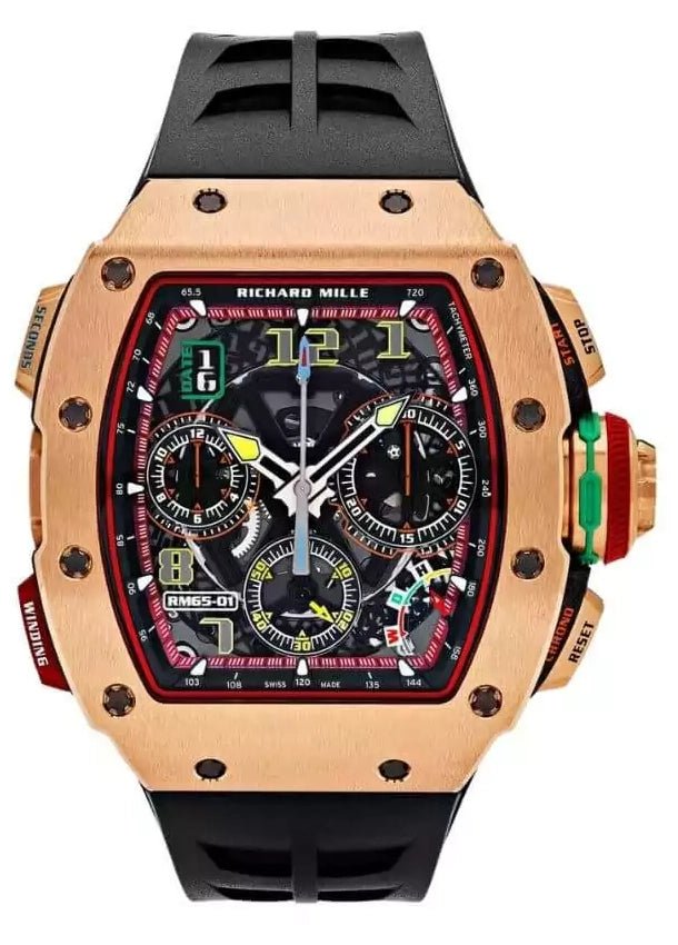Richard Mille Rm 65-01 Ca Rg Split-seconds Chronograph Automatic Winding 44.5mm X 50mm 18k Rose Gold Black Rubber Straps Men’s Watch