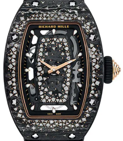 Richard Mille Rm07-01 Tpt Starry Night Black Skeletonized Diamond Dial Diamond Set Bezel 31.4mm Carbon Ladies Watch